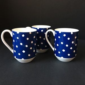 3 NEW Kate Spade Mugs Lenox New York Cobalt Blue and White Polka Dots
